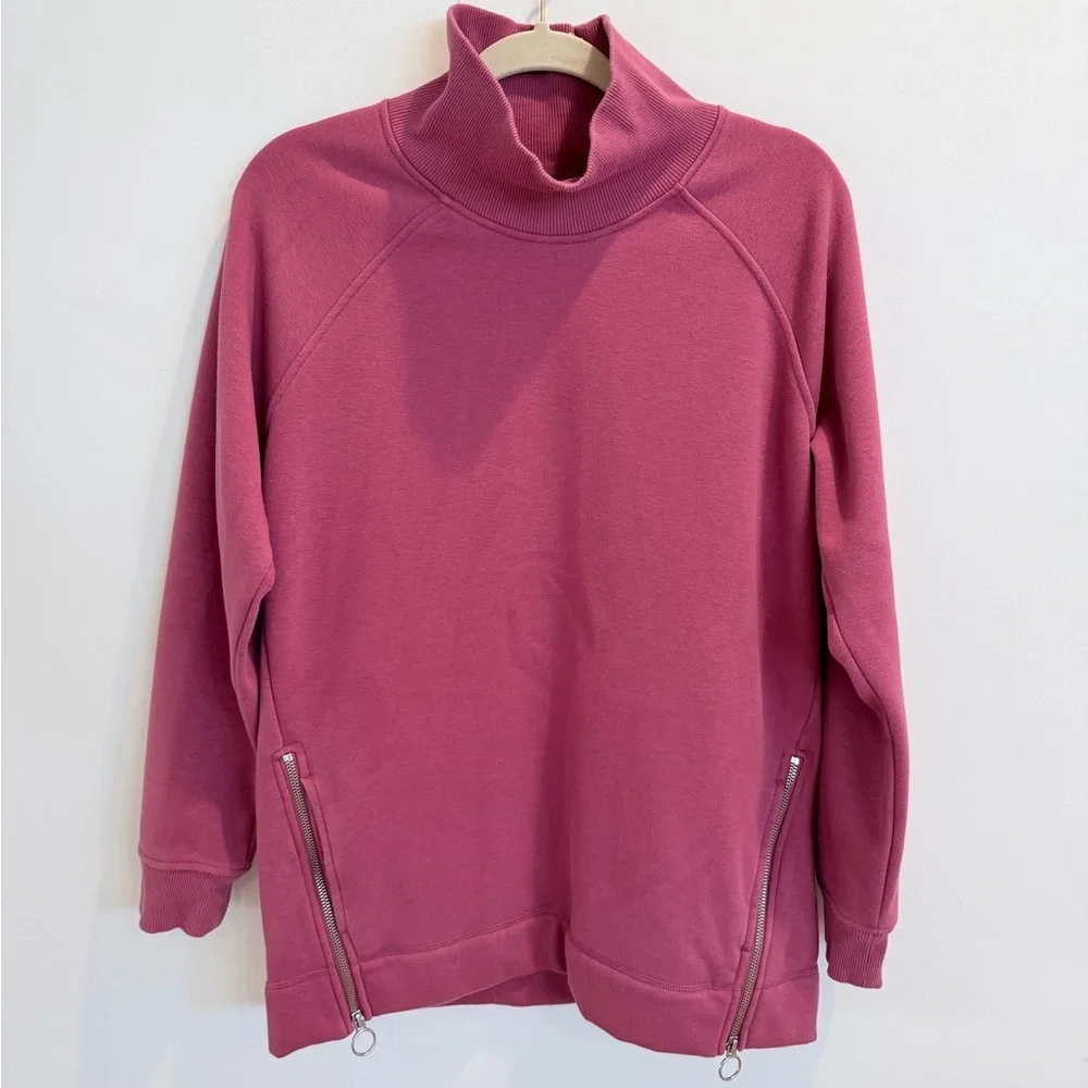 Athleta Cozy Karma Side Zip Funnel Neck Pullover Sweatshirt in Pink, Size MT - Picture 3 of 9